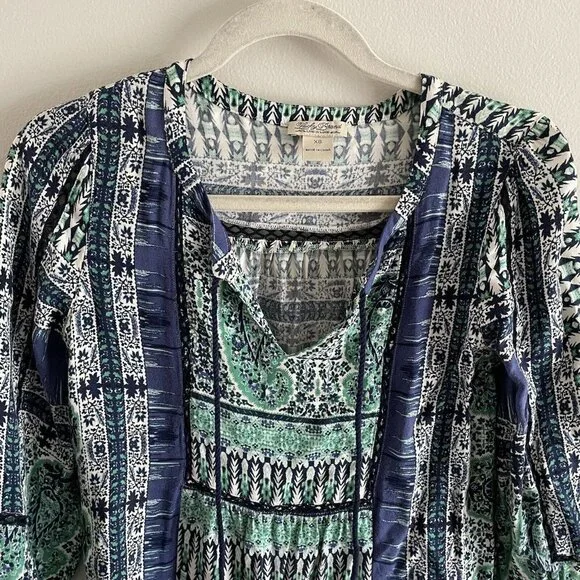 Lucky Brand Wmn SZ XS Blue/Green/White Boho Tunic Style Tie Neckline Short Dress - Picture 5 of 11
